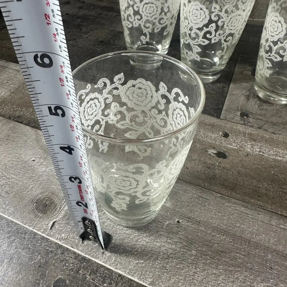 Set of‎ 8 MCM LACE Highball Glasses White Stenciled Floral Lace Gold Trim
